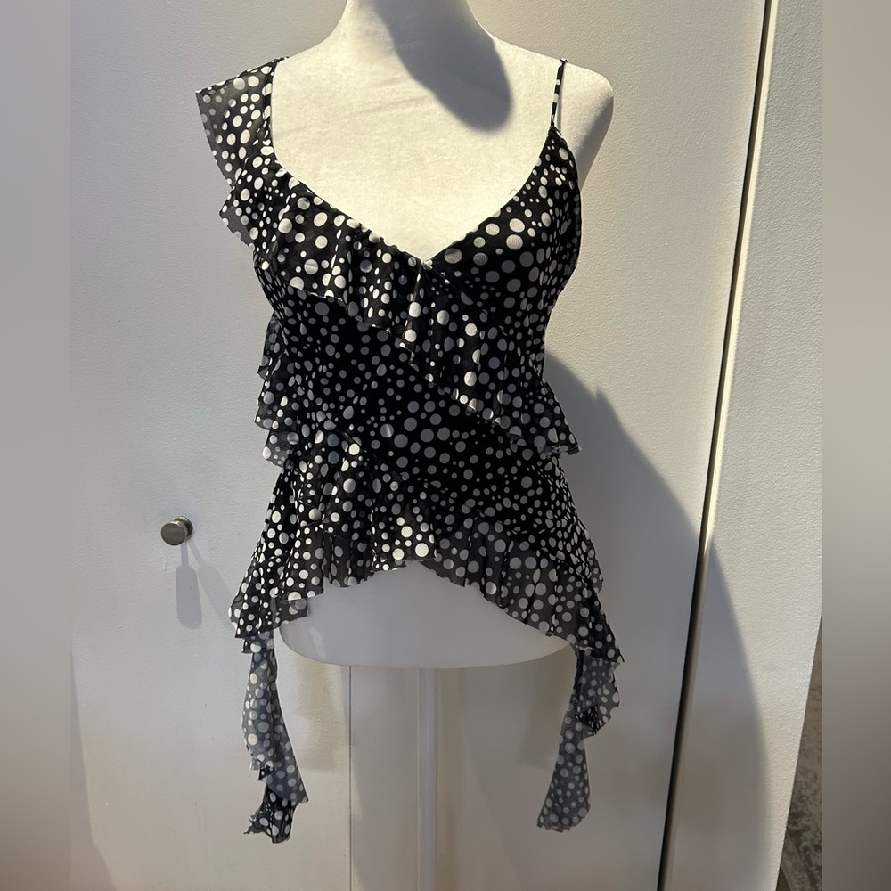 Zara Black and White Polka Dot Ruffled Asymmetric Camisole